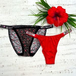 Set of 2 Satin Shine Strap Leopard Pink Heart Cheetah Rose Bud Bikini Panties